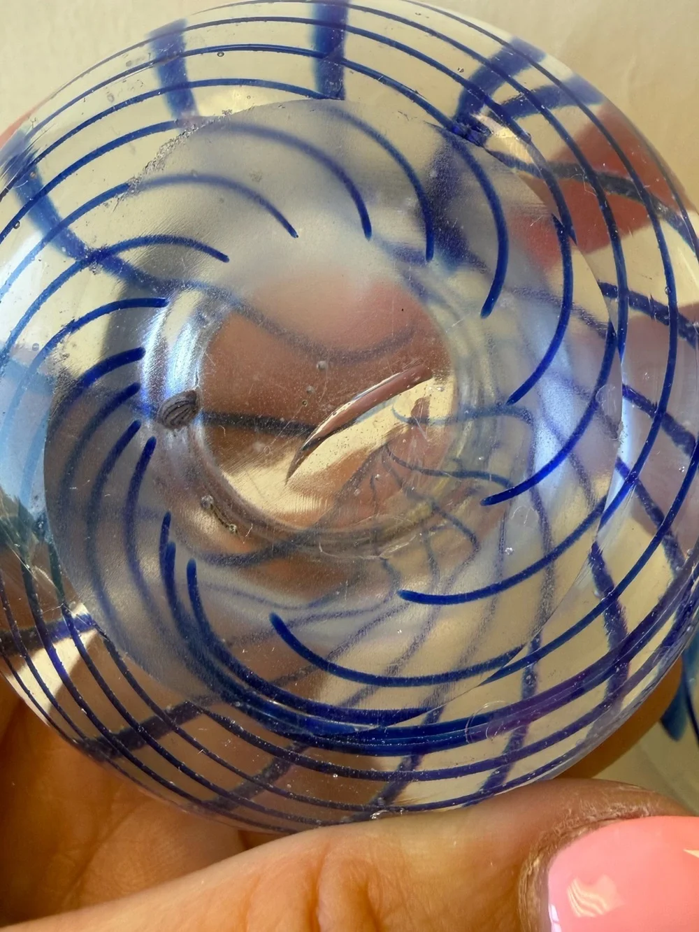 Pair of Handmade Art Glass Paperweight Candle Holders. Clear with Blue Swirl.
